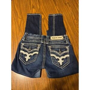 Women’s Low Rise Rock Revival Dark Wash Distressed Skinny Jeans W Bling Sz 27